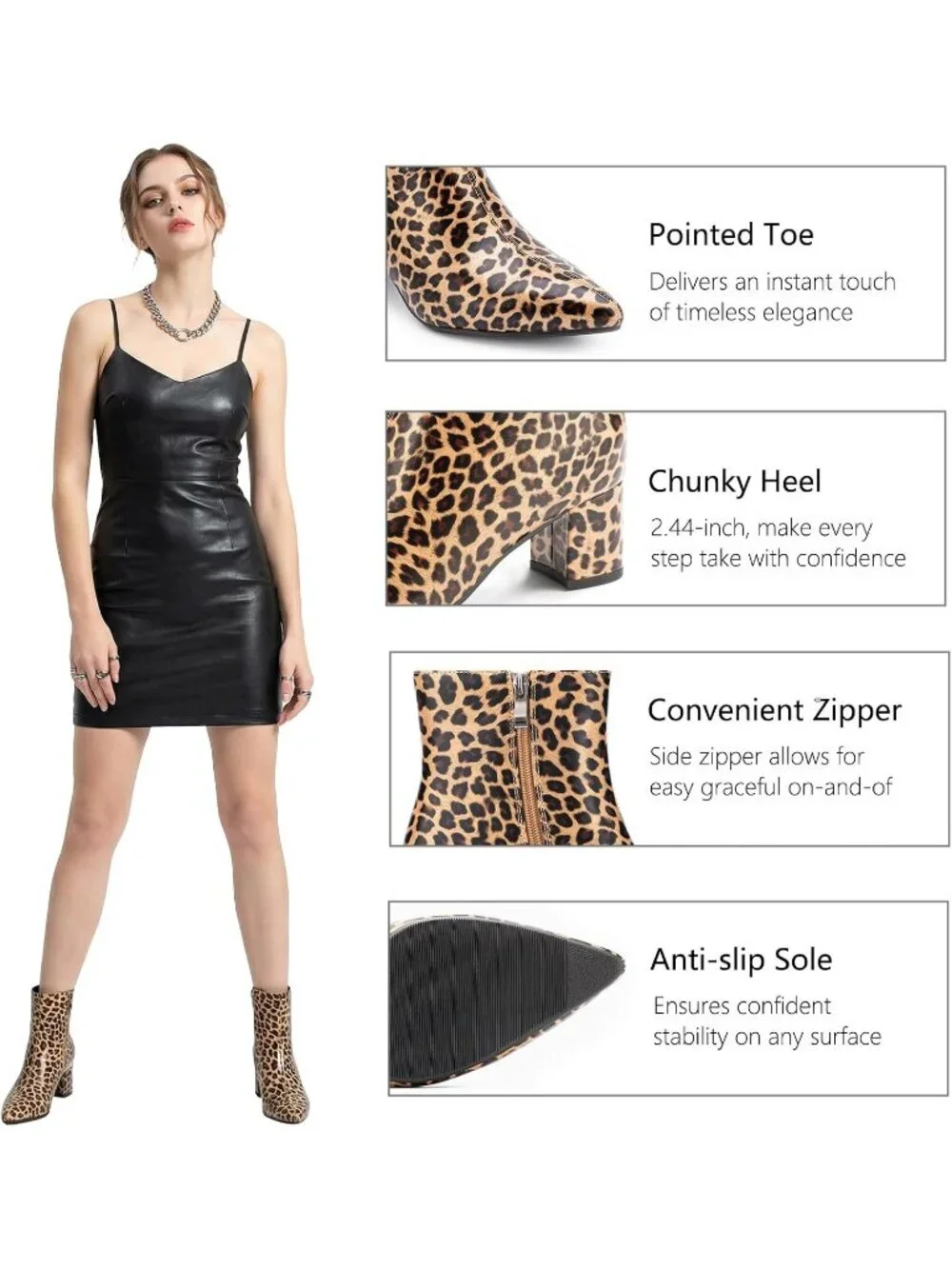 Women's Leopard Pointed Toe Comfortable Chunky Heel Side Zipper Ankle Boots